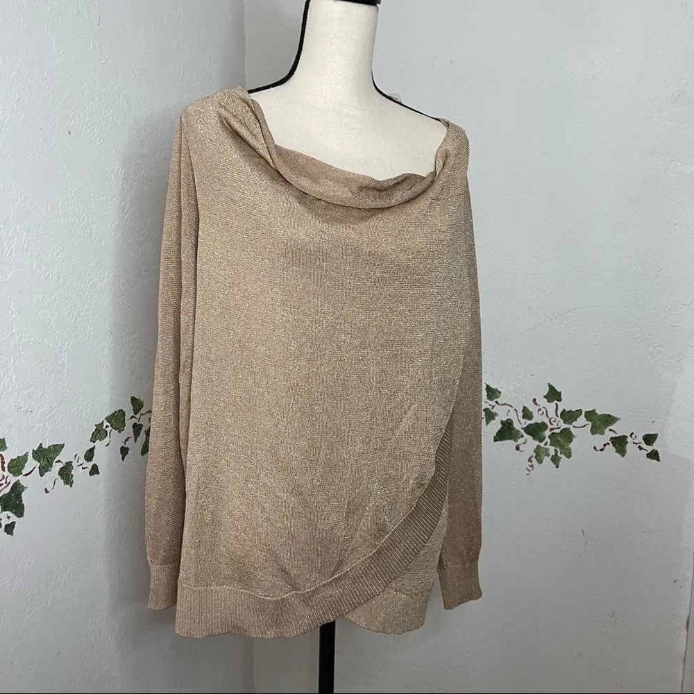 International Concepts INC Womens Gold Metallic Long Sleeve Scoop Neck Faux Wrap - Picture 2 of 15